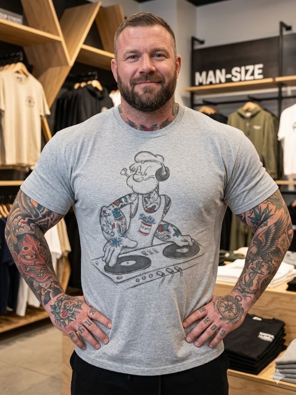 Vintage-Style DJ Popeye Graphic T-Shirt – Heather Gray - sz LXXG